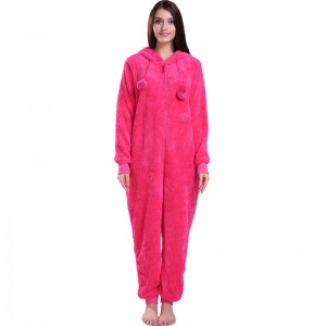 Women Hot Pink Onesie Pajamas Hooded With Animal Ears
