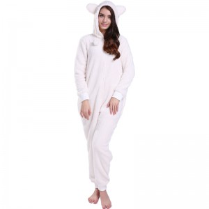 Women Cream Onesie Pajamas Hooded With Animal Ears