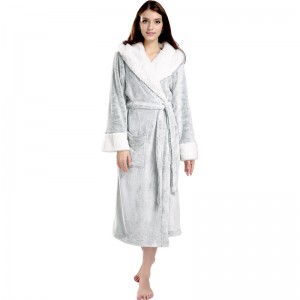 Adult Glossy Flannel Fleece Robes Women Spliced Hooded Pajamas