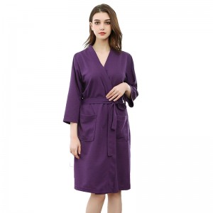 Women Waffle Fleece Robe Solid Color Knee Length Kimono Pajamas