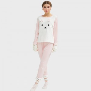 Women Flannel Fleece Animal Embroidery Cat Pajamas Set