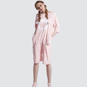 Women Onesie Pink Printed Cotton Jersey Embroidery Pajamas Set