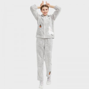 Women Snuggle Fleece Cationic Hooded Embroidery Pajamas Set