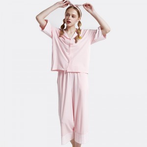 Women Stripe Cotton-Spandex Single Jersey Pajamas Set