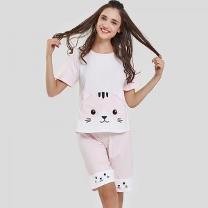 Women Modal Jersey Fabric Cat Embroidery Pajamas Set